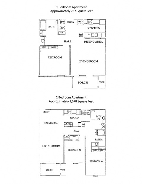 Floor plan for 2 beds, 2 baths, 1078 sqft
